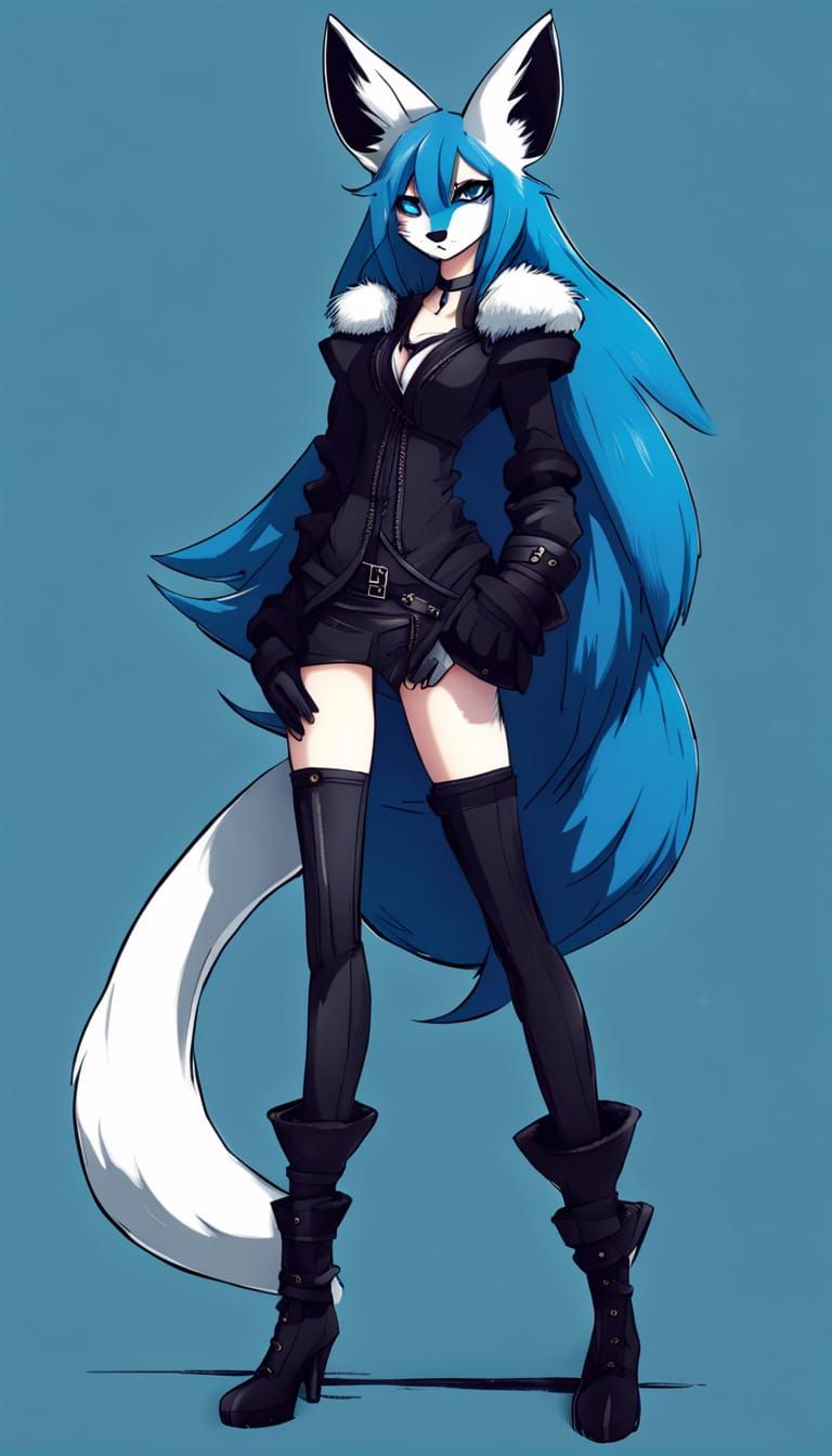 Blue Fox Anthro Furry in Gothic Anime Style