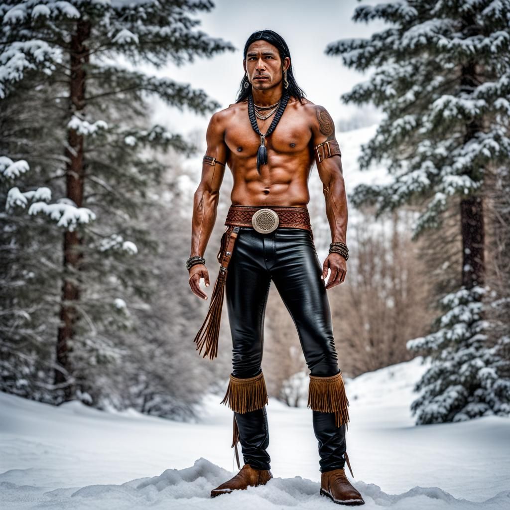 Native American Man in Snow, Hyperrealistic HDR