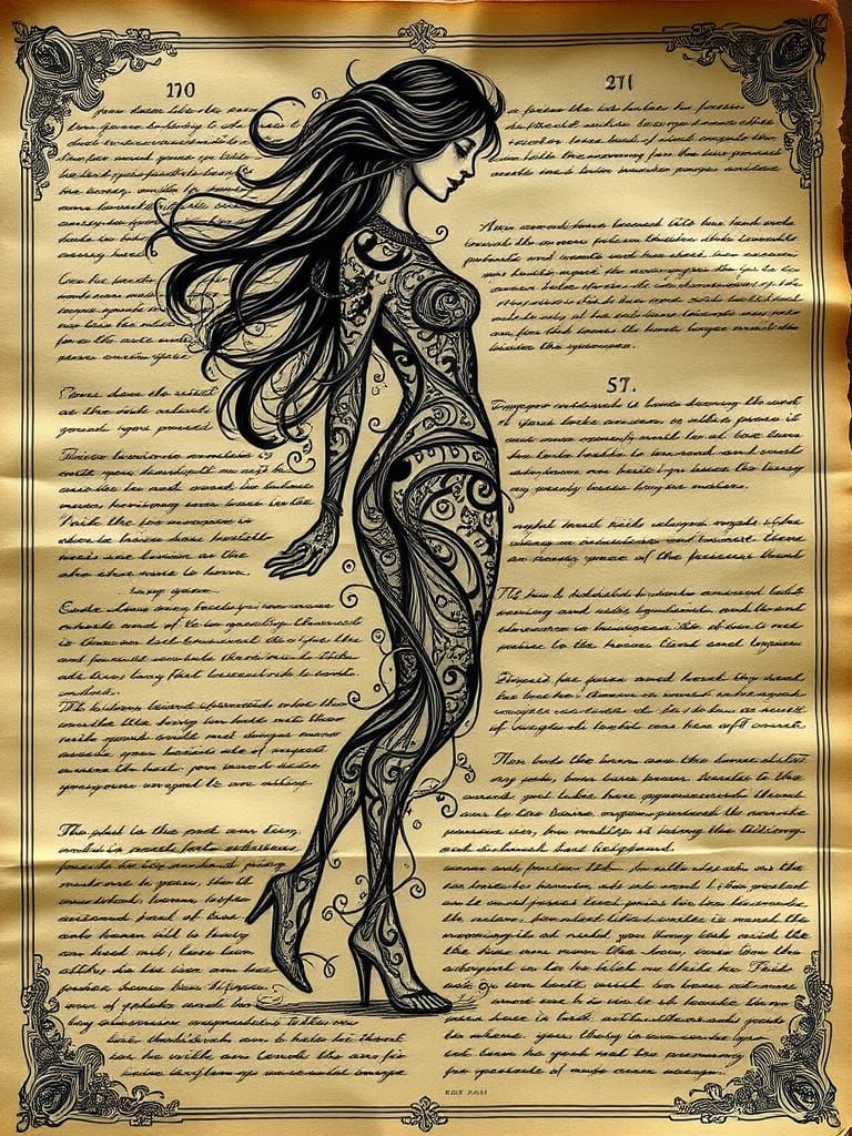 Calligraphic Woman Walking on Ancient Manuscript