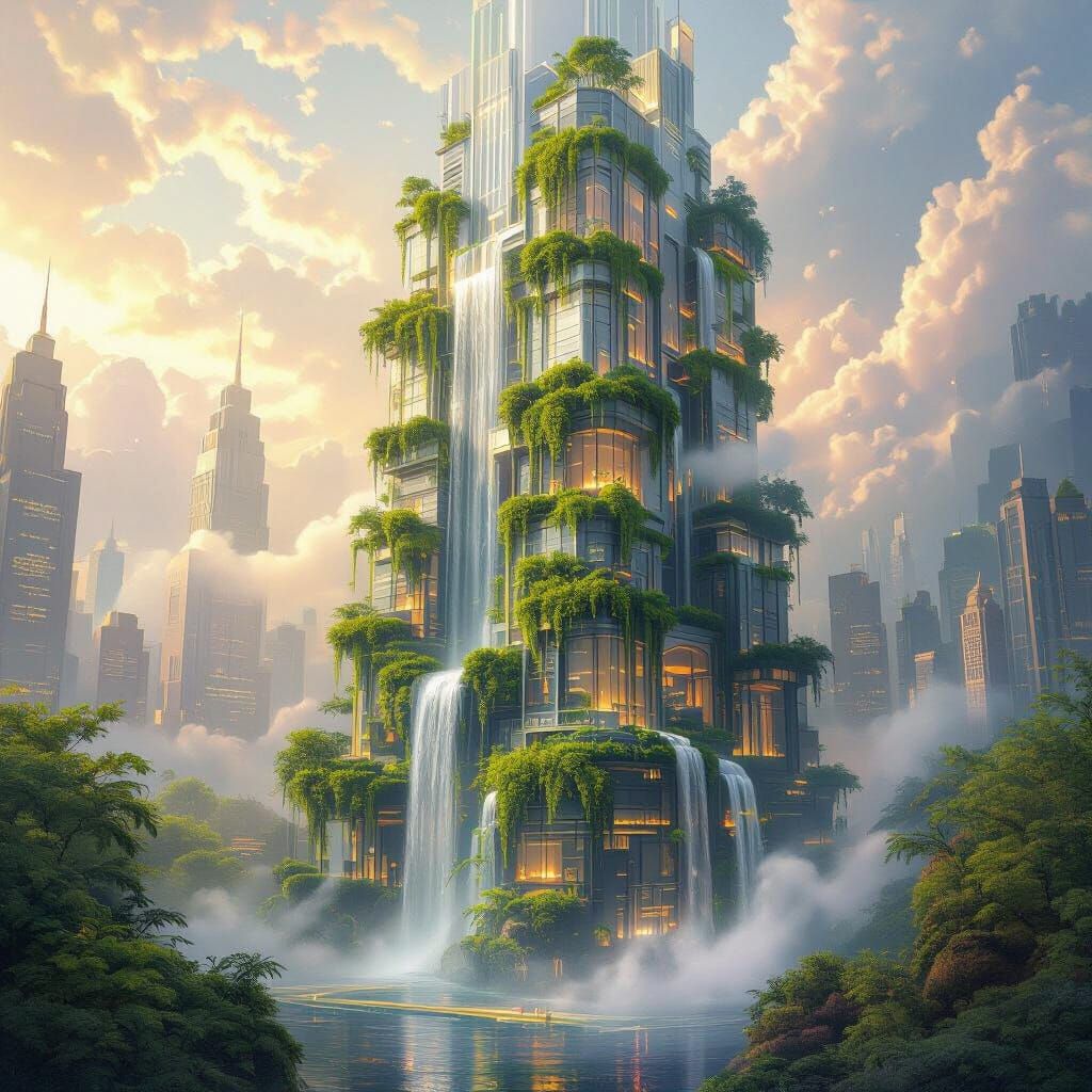 Futuristic Skyscraper with Vertical Gardens in Ethereal Mist