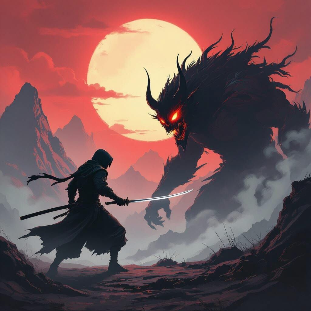 Ninja Assassin Battles Fiery Demon in Dark Fantasy Art