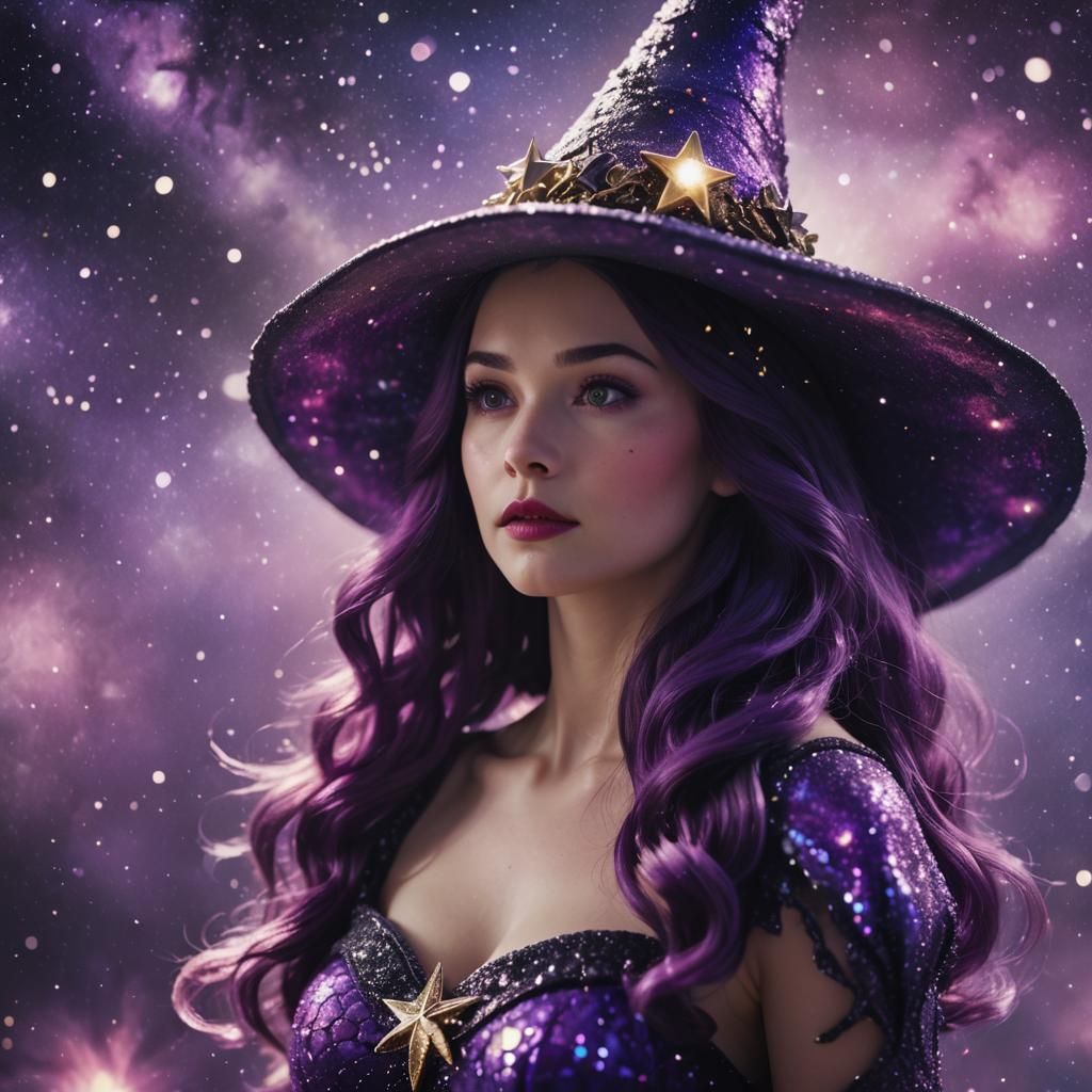 Snow White Space Mermaid in Galaxy with Witch Hat