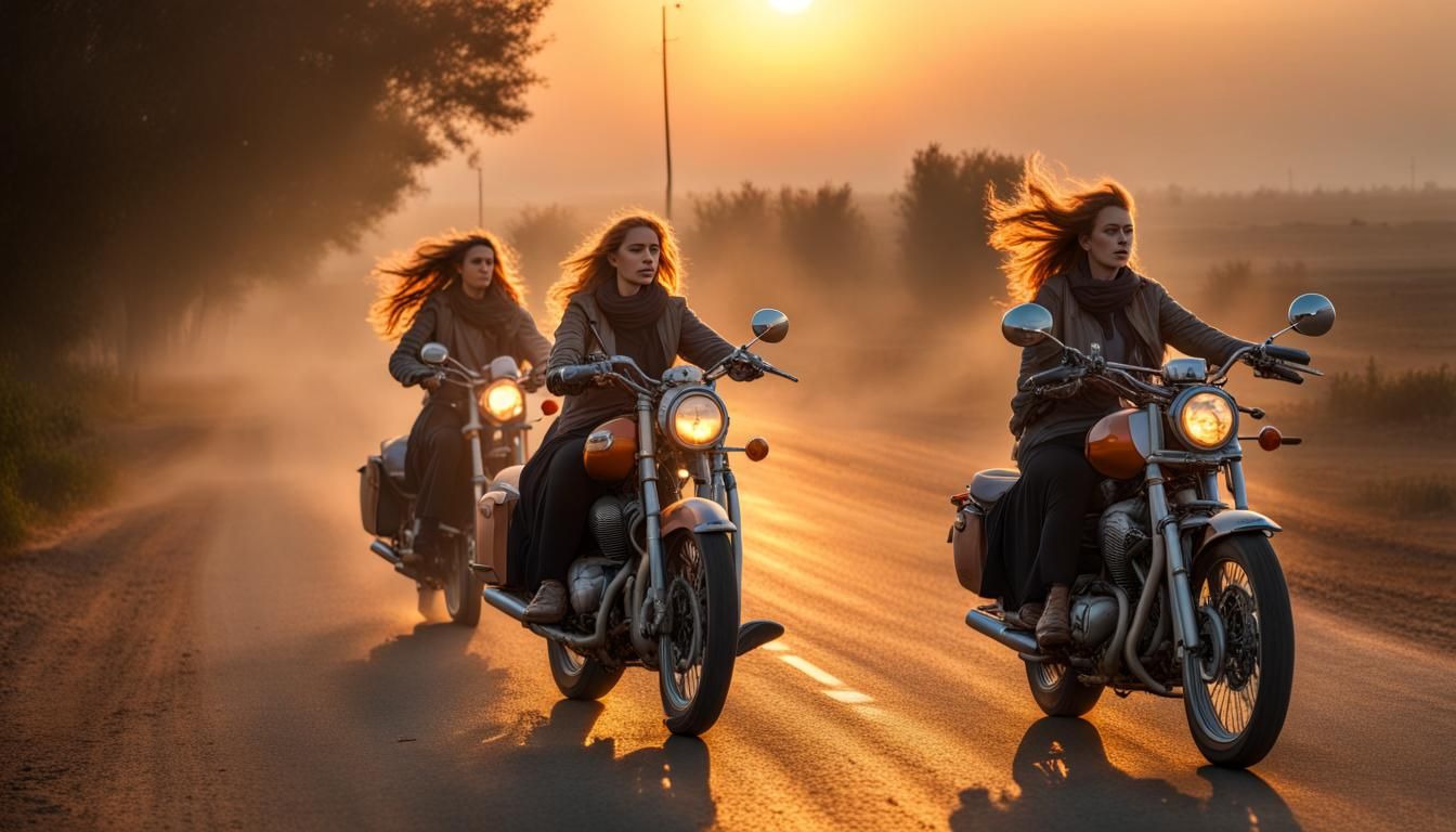 Algerian Women Motorcycle Ride at Sunrise