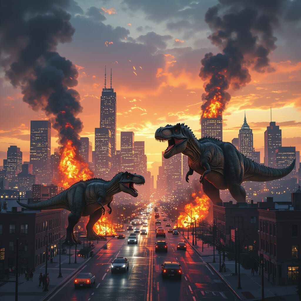 Dinosaurs Rule Burning City: Cinematic Apocalyptic Art