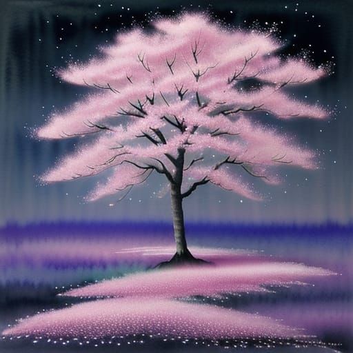 Bioluminescent Sakura Tree in Watercolor Style