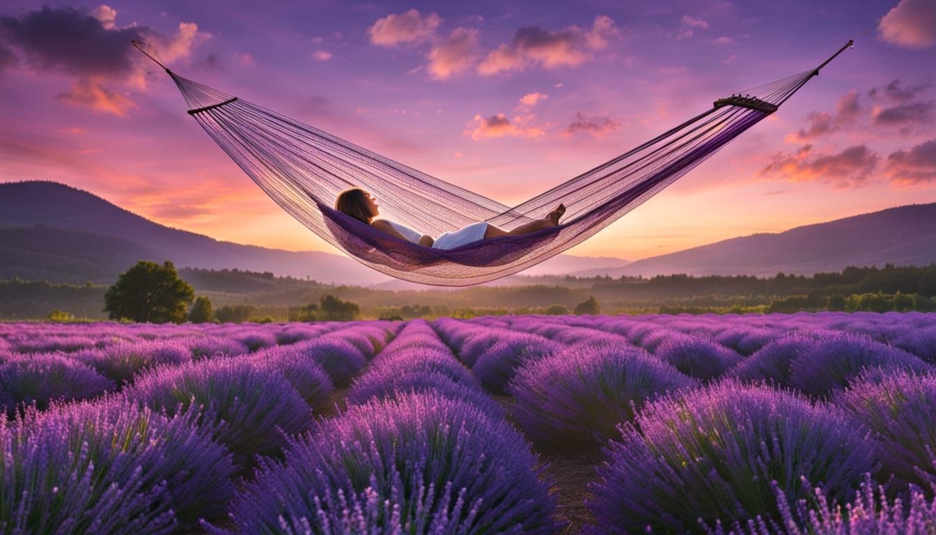 Cloud Hammock Over Lavender Fields at Twilight with Fireflie...