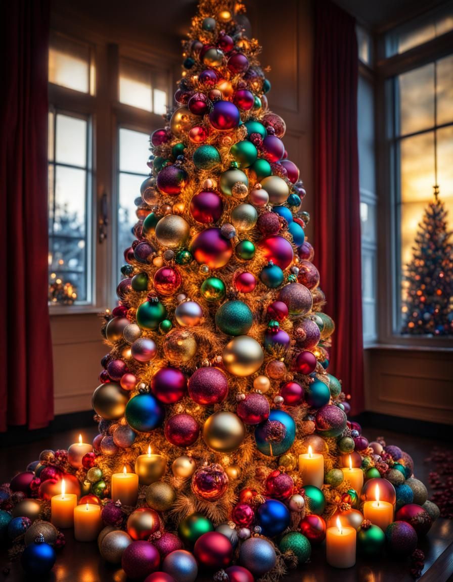 Festive Christmas Tree with Candles and Glass Ornaments