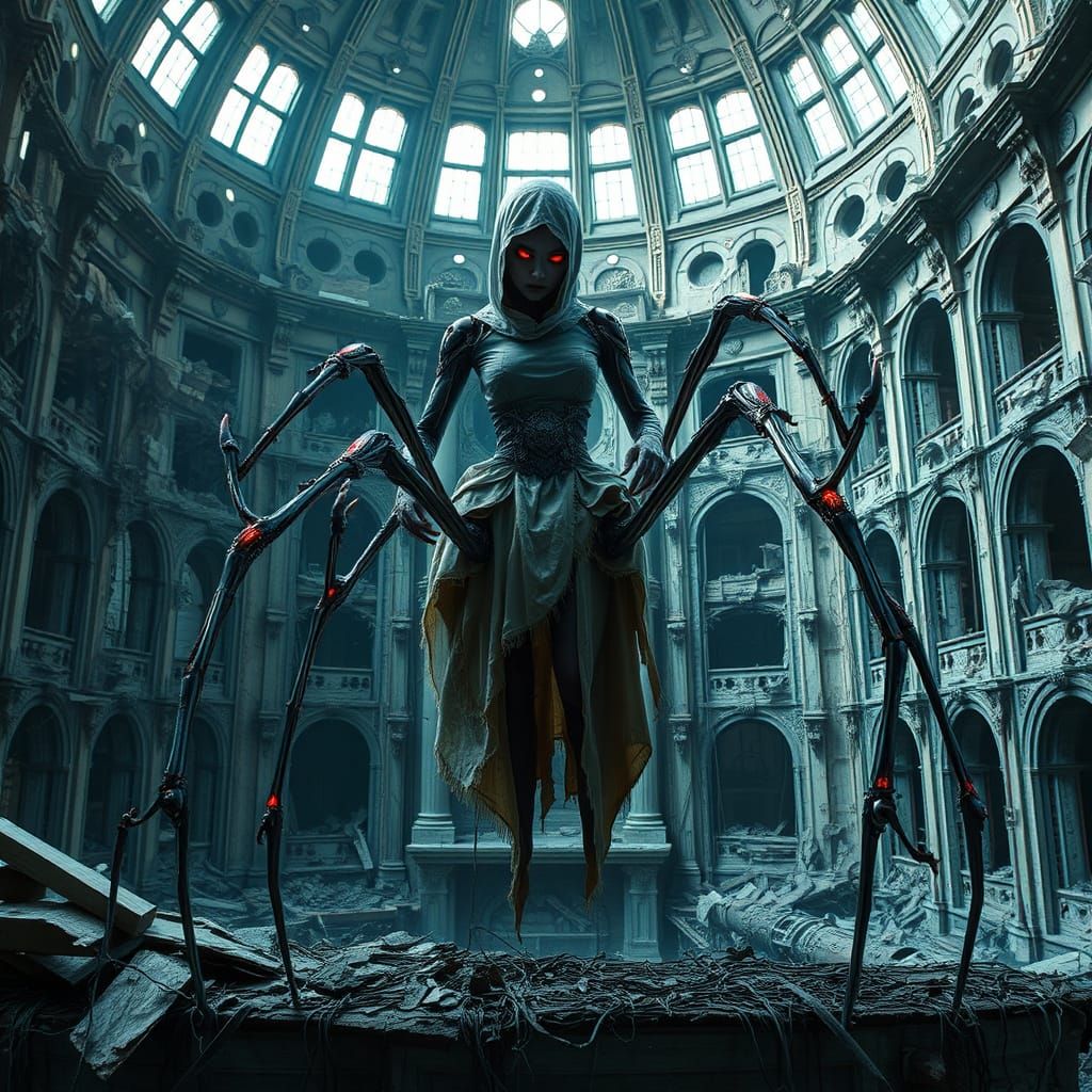 Abandoned Building Spider Girl in Cyberpunk Aesthetic