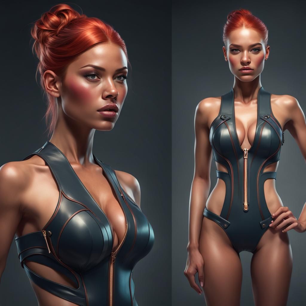 Redhead Model in Bathing Suit: Hyperdetailed Fashion Portrai...