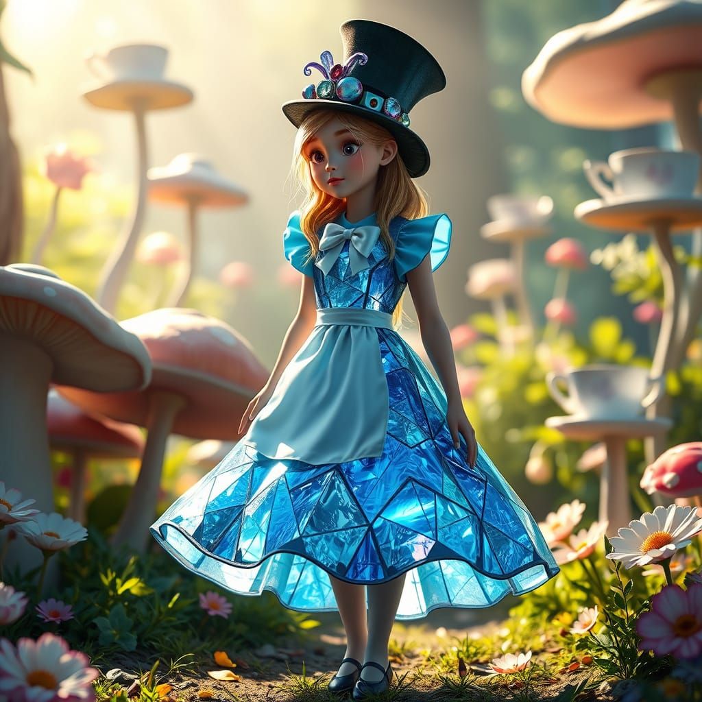 Alice in a Shimmering Crystal Dress in a Whimsical Garden