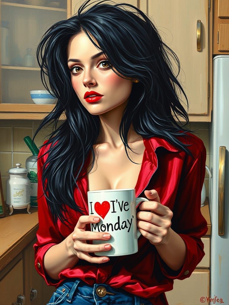 Woman with Coffee in Kitchen, Red Satin Shirt, Impasto Oil P...