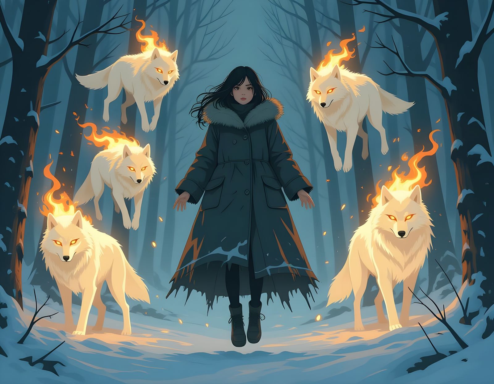 Girl Levitating with Flaming Wolves in Ito-Style Realism