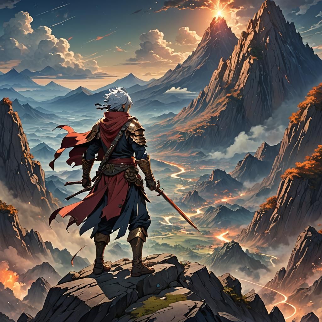 Anime Warrior Master Controls Earth on Mountain Peak