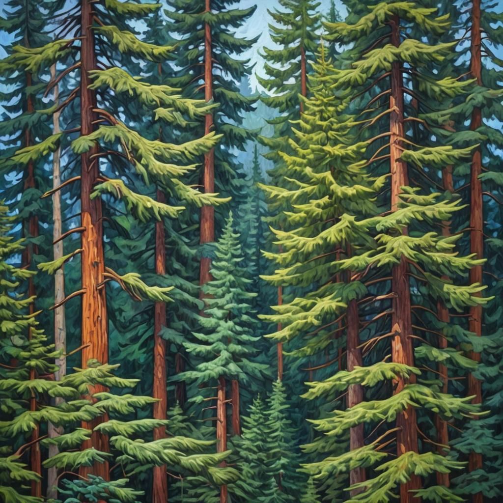 Douglas Firs and Cedars in Expressionist Oil