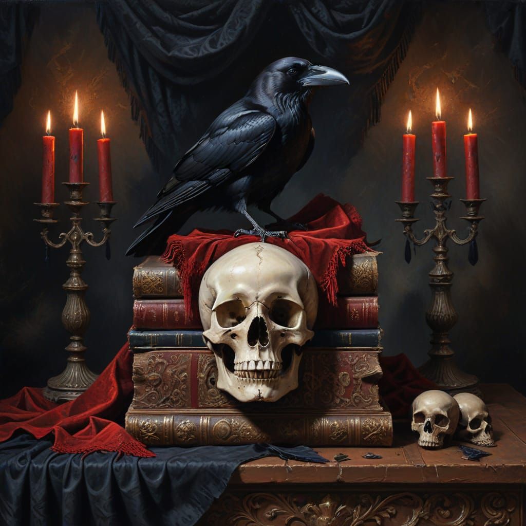 Raven on Skull with Open Tome, Expressive Oil Painting