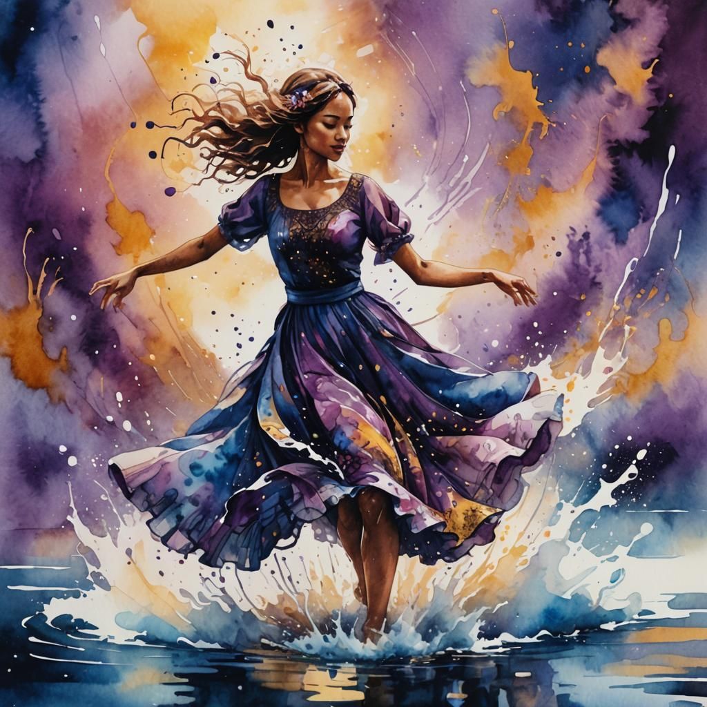 Girl Dancing on Water in Watercolor Style