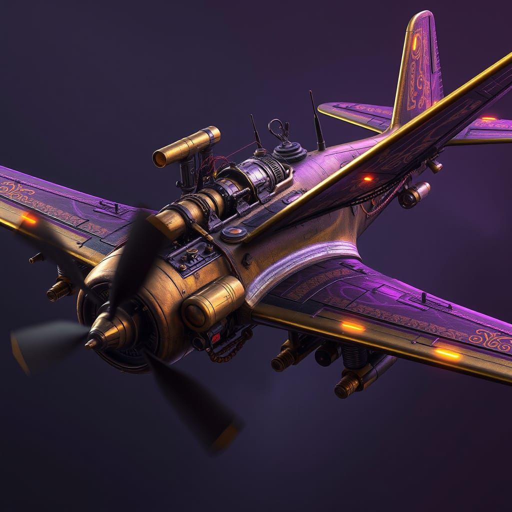 Steampunk Warplane with Brass Guns and Copper Pipes
