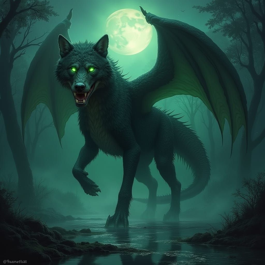 Majestic Wolf Dragon Alligator Hybrid in Swamp