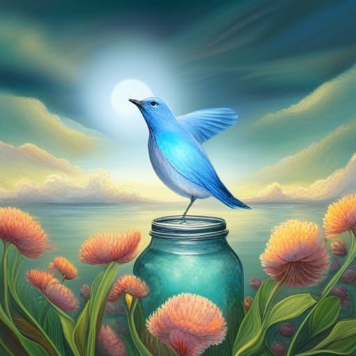 Bioluminescent Bluebird in Glass Jar