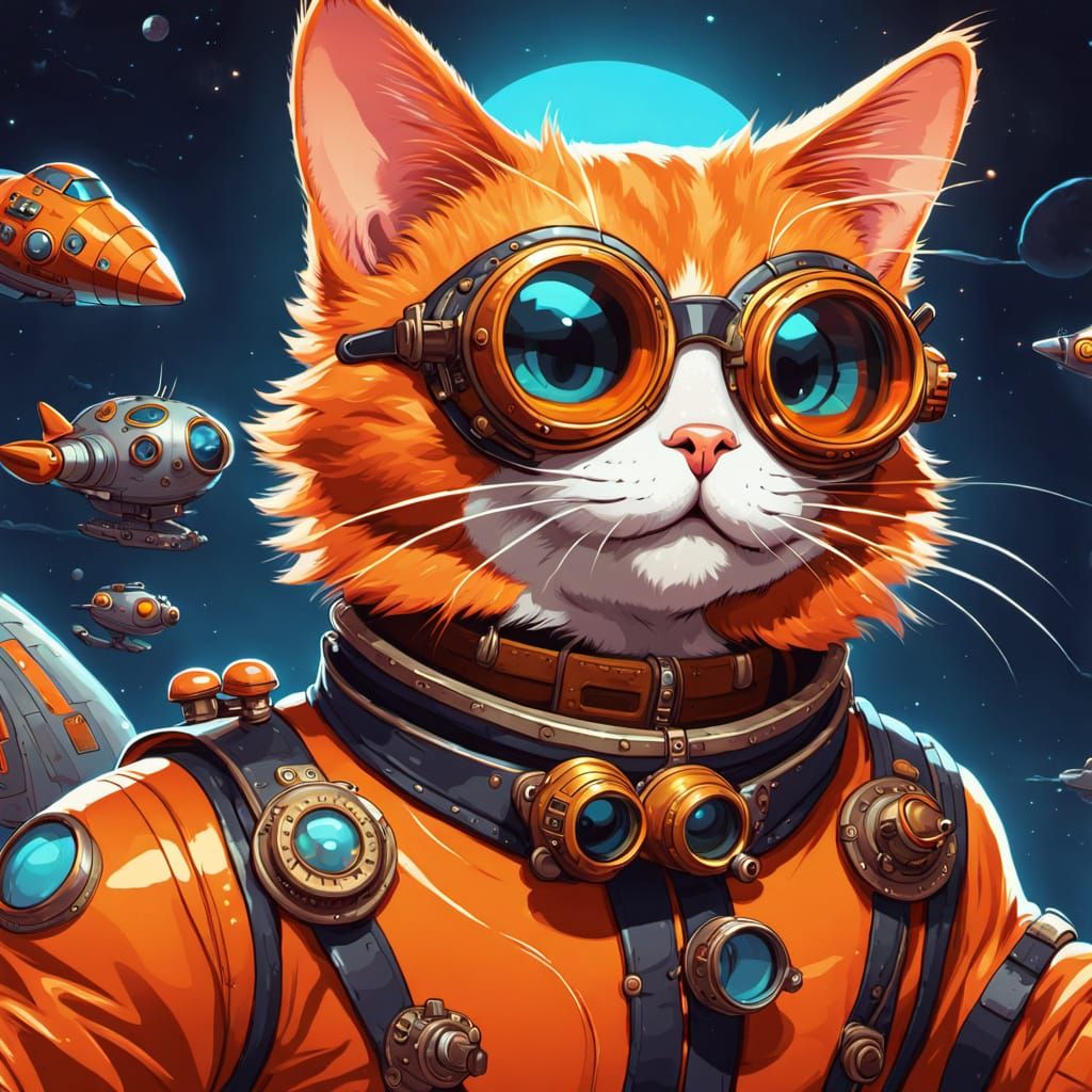 Cartoon Steampunk Cat Piloting Spaceship