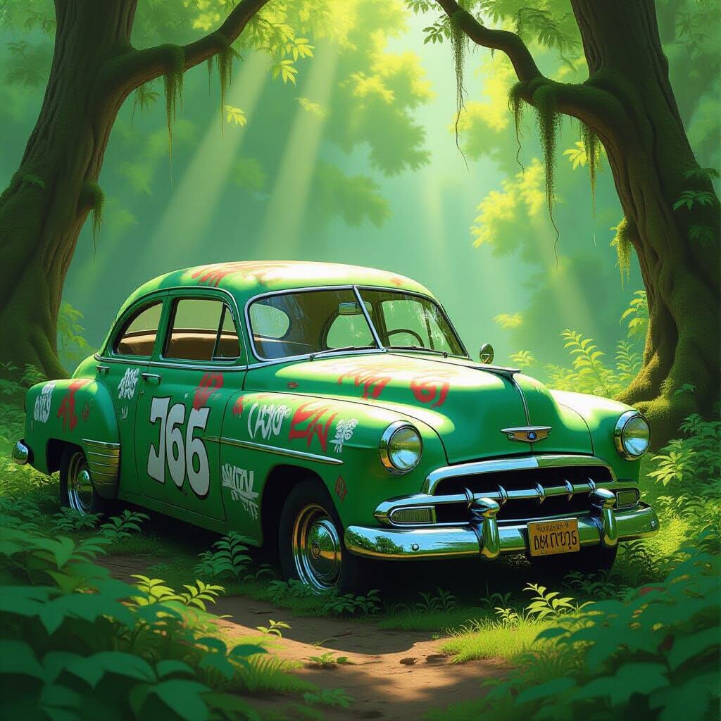 Graffiti Car in Wilderness, Painterly Concept Art