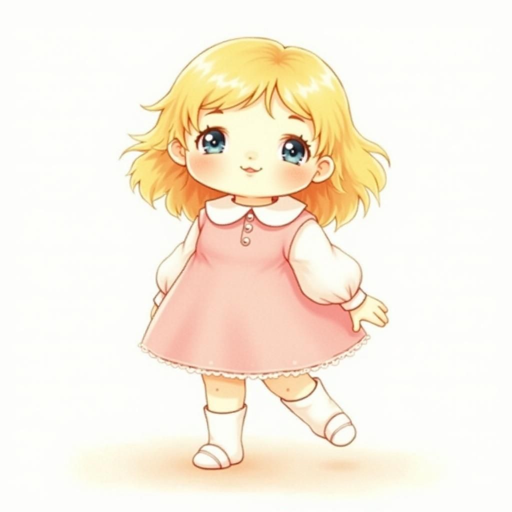 Little Blonde Girl Portrait in Children's Book Style