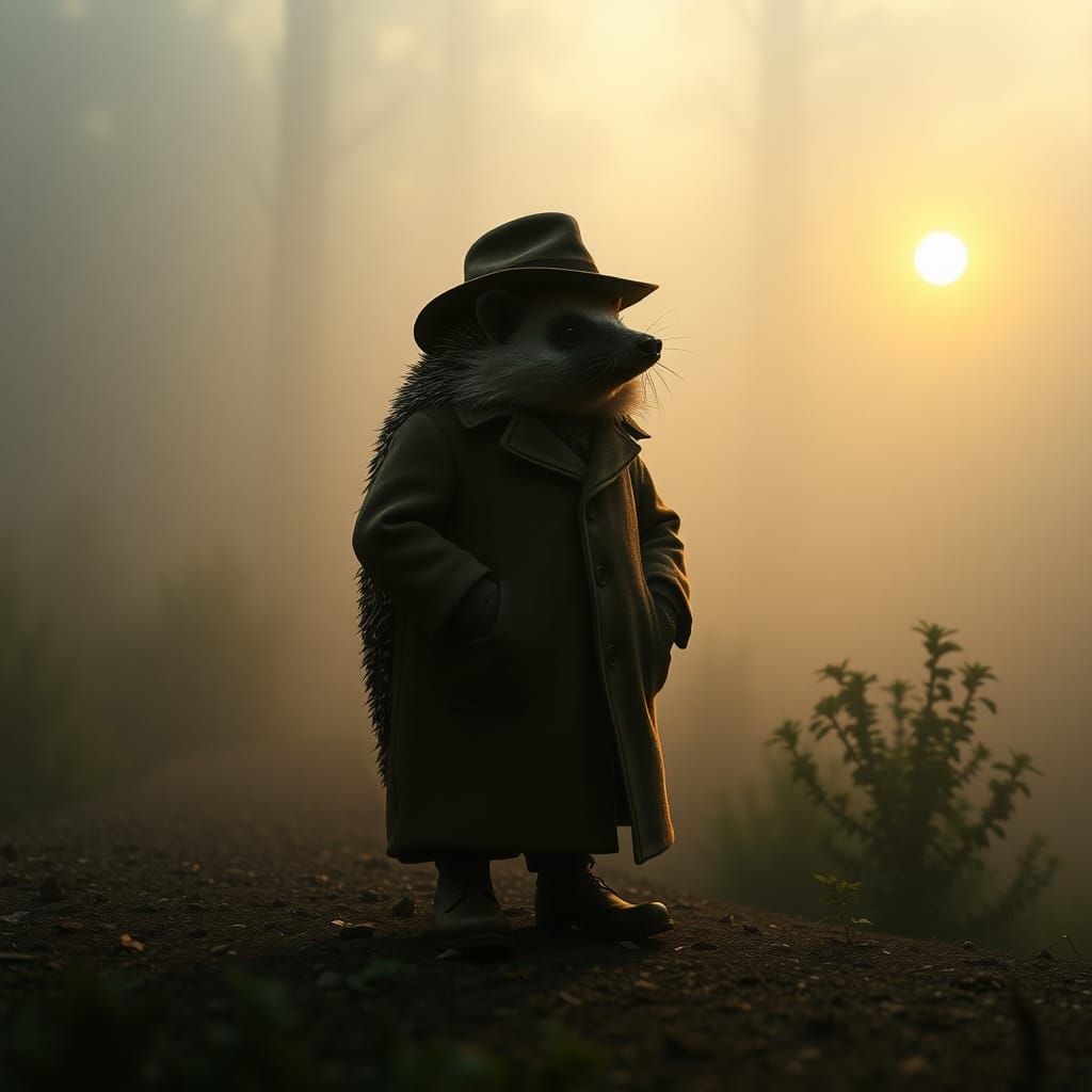 Hedgehog in Foggy Forest as Oil Painting
