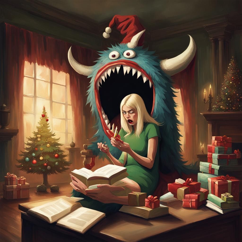 Monster Book Eats Woman in Christmas Wrap
