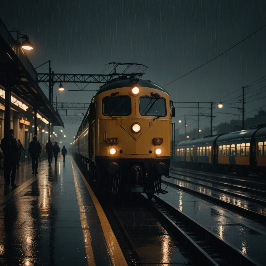 Gloomy Evening Train Station in Moody Film Noir Style