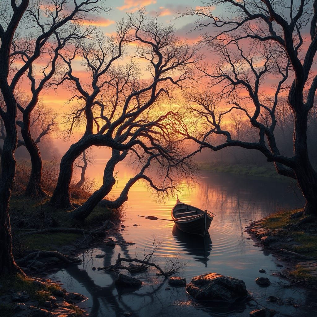 Surreal Sunset Sanctuary Amidst Gnarled Trees