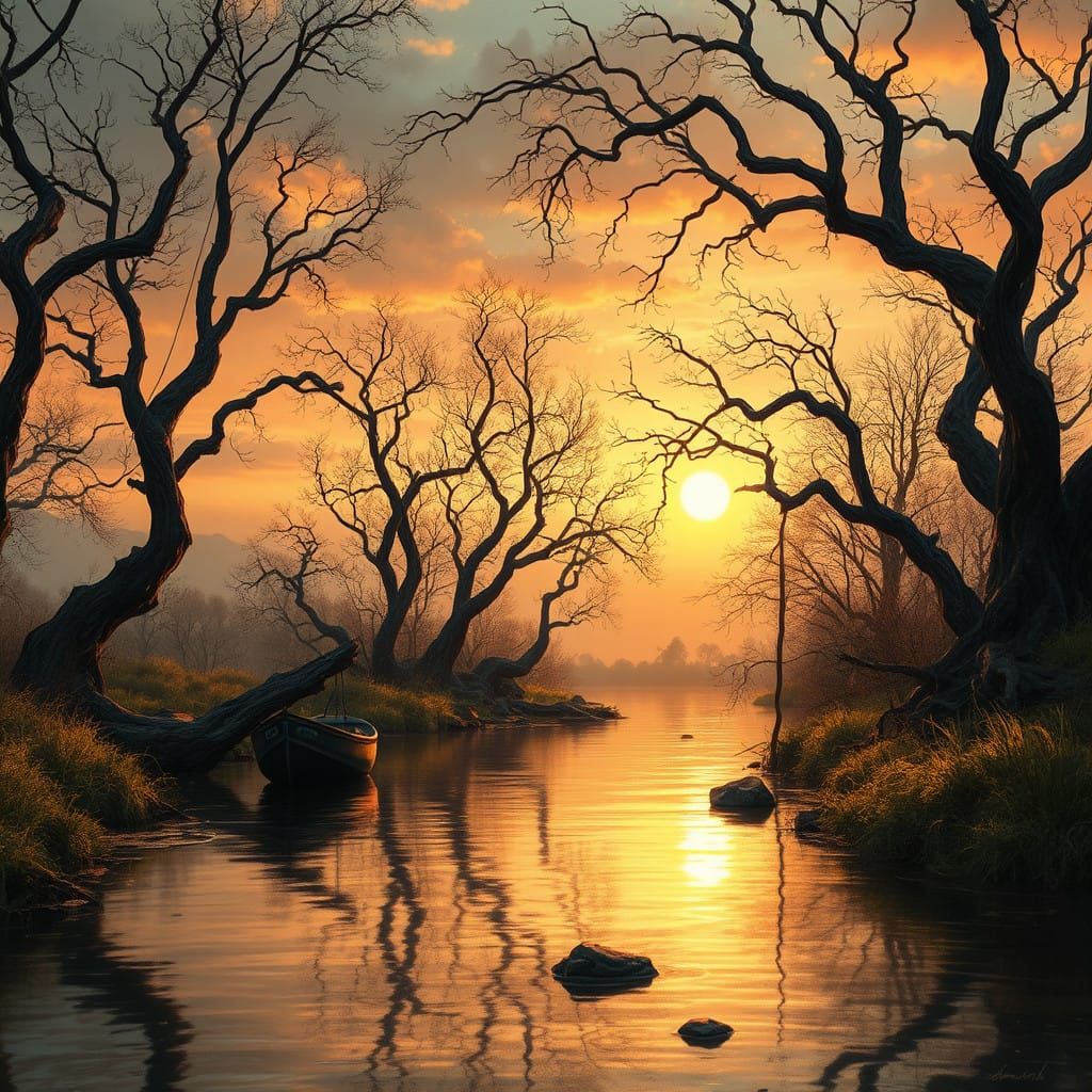 Serene Sunset Scene with Lonely Boat