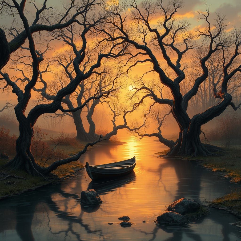 Surreal Gnarled Forest Scene with Lonely Fishing Boat