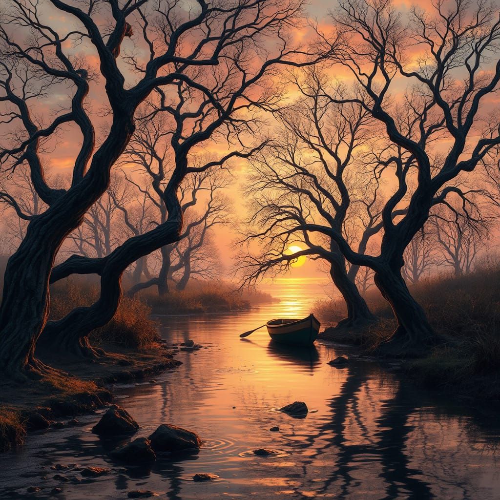 Mystical Sunset Haven with Lonely Fishing Boat