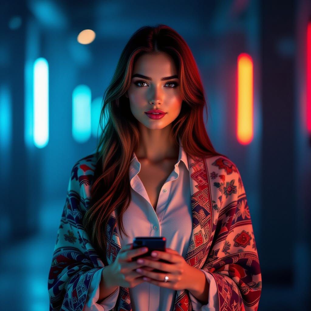 Woman in Dramatic Red and Blue Light