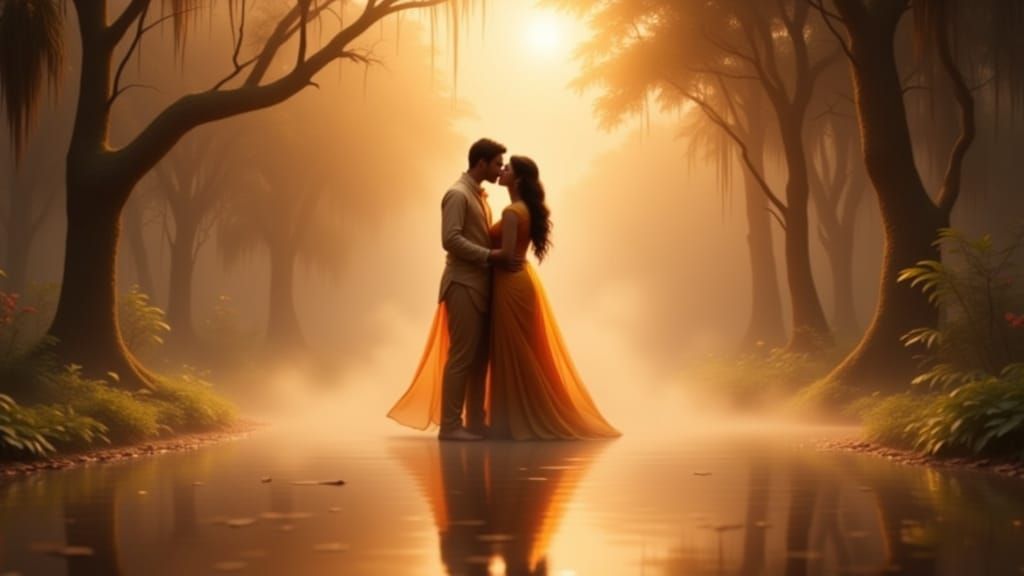 Couple Kissing in Misty Indian Garden at Dawn