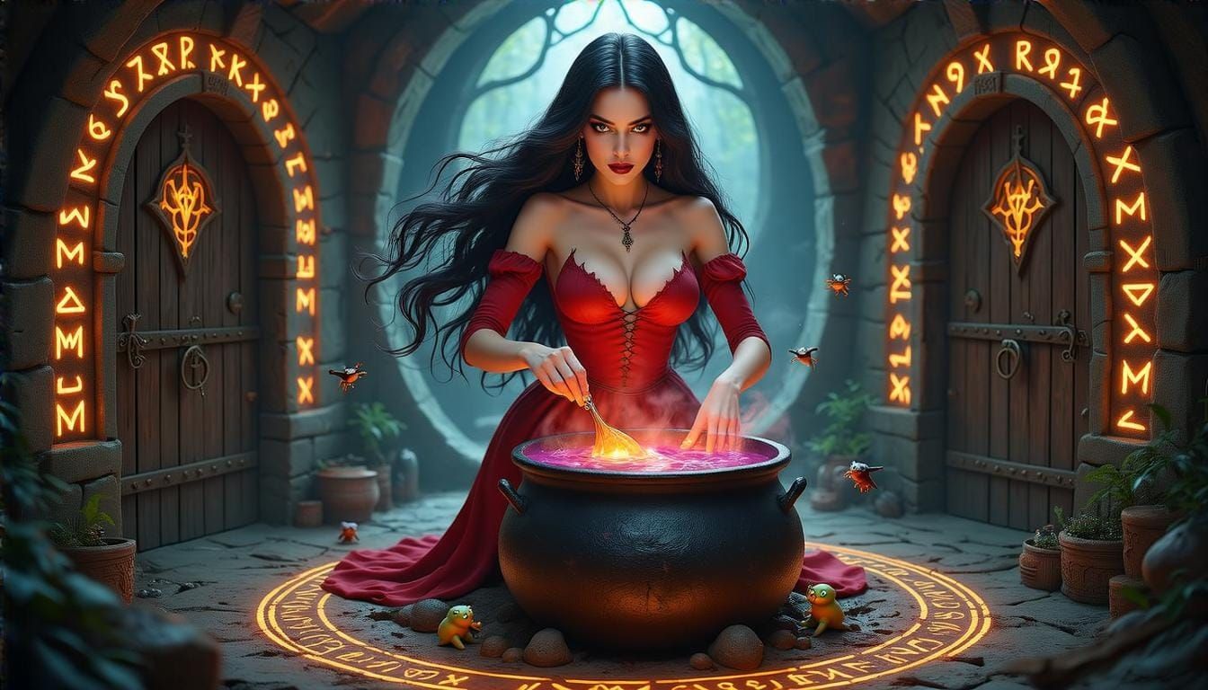 Mystical Witch in Secret Lair with Magical Potion