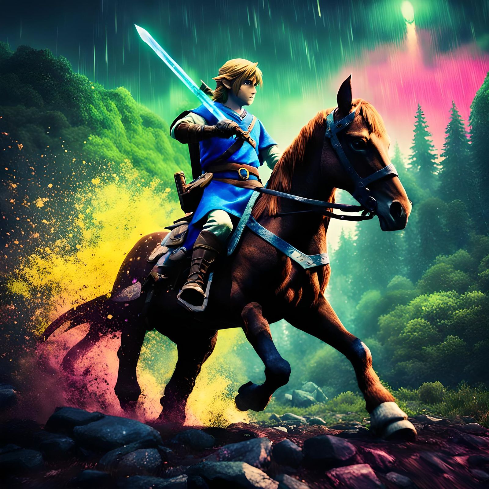 Link on Horse with Master Sword in Cinematic Style