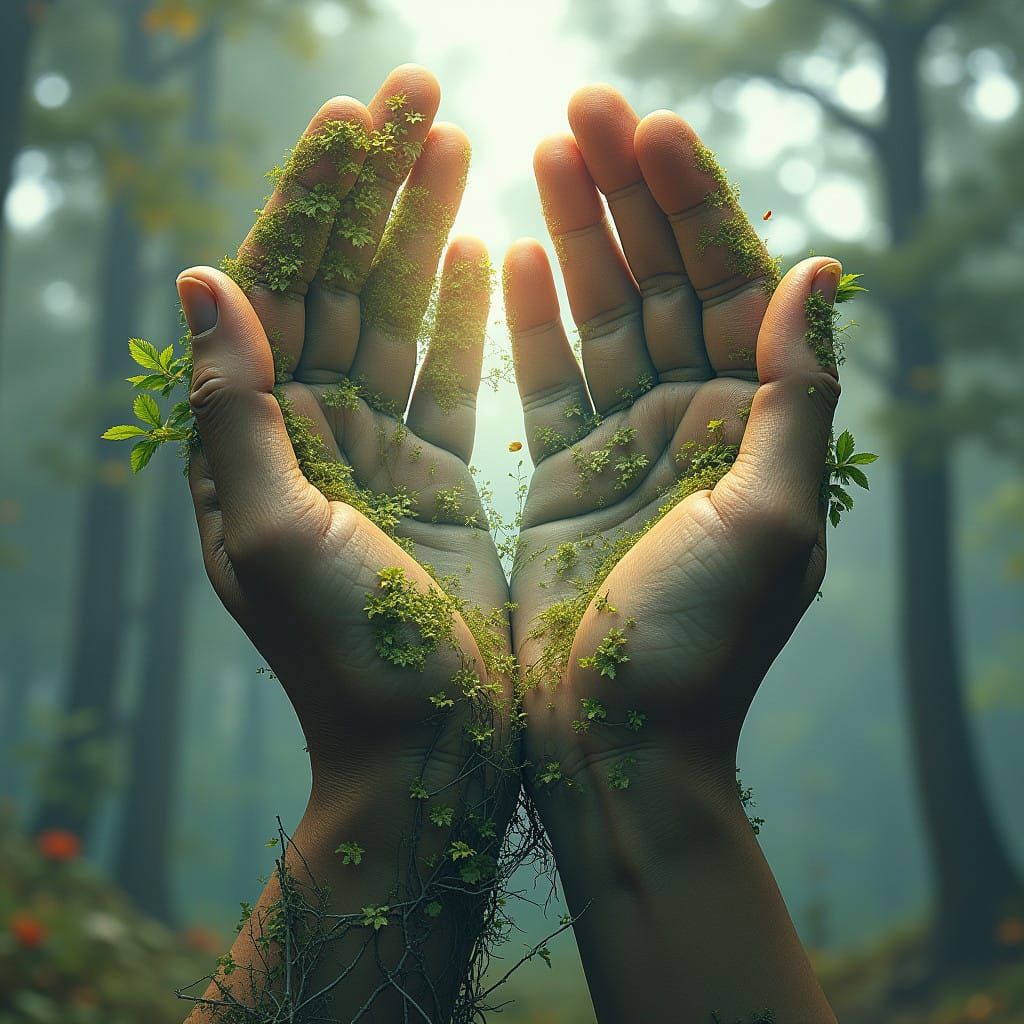 Gentle Forest Landscape Emerges from Intertwined Hands