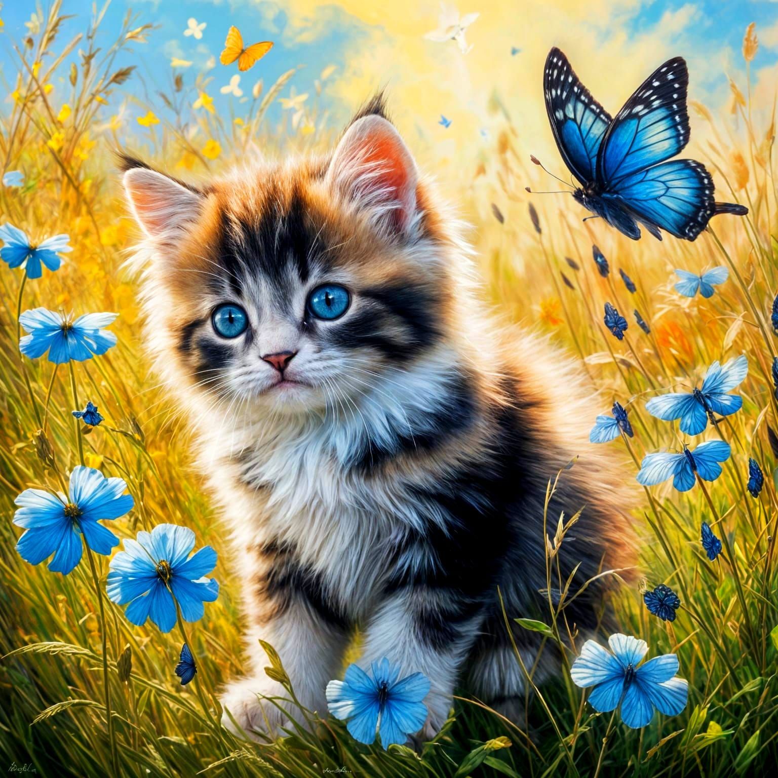 Fluffy Kitten with Butterflies: Detailed Oil Painting