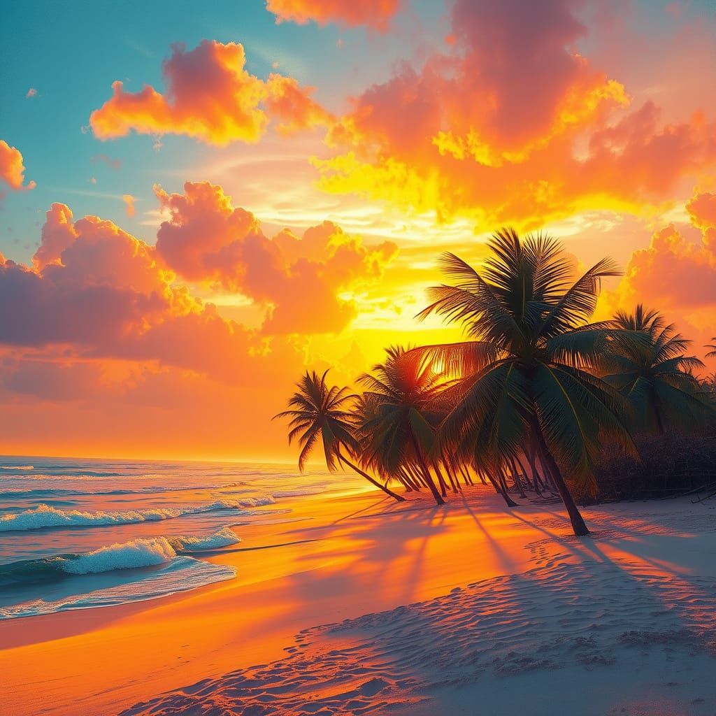 Surreal Tropical Sunset in Vibrant Colors with Palm Trees an...