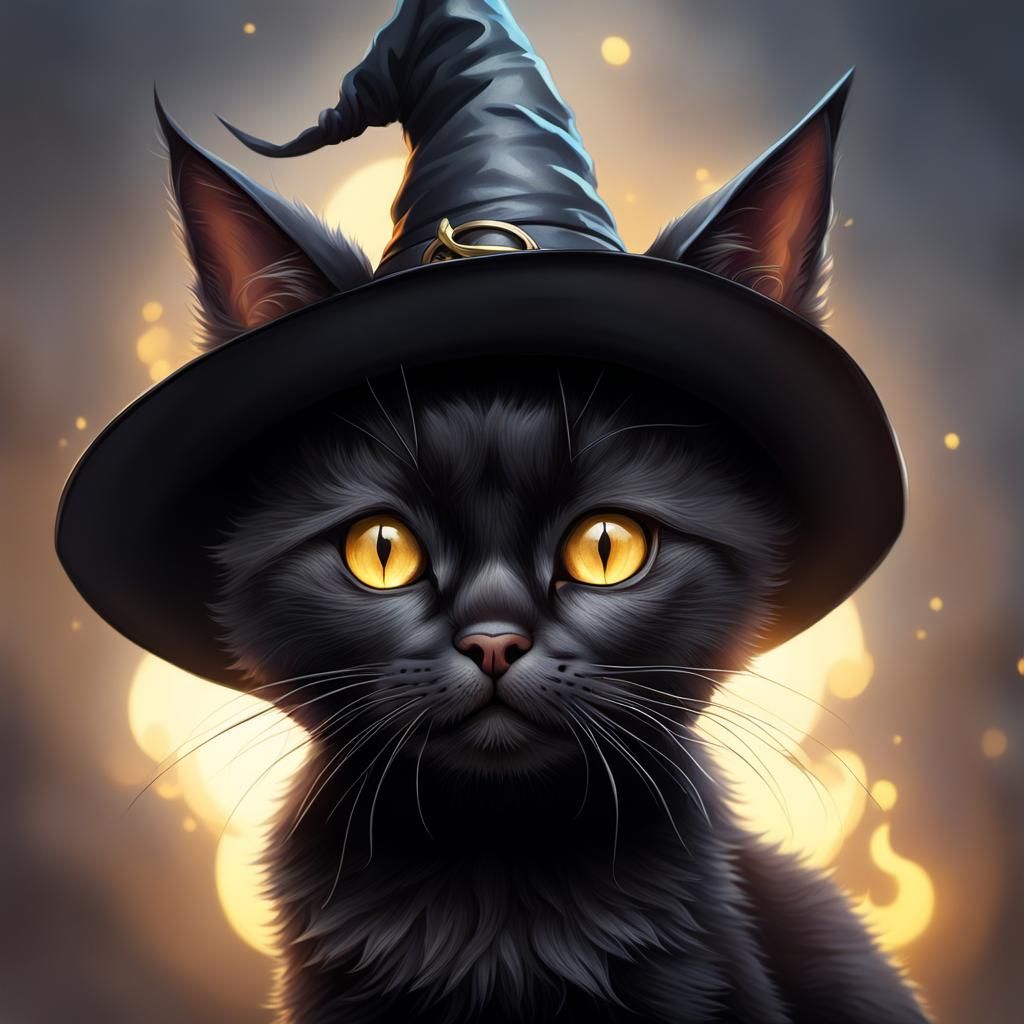 Cute Black Cat in Witch Hat, Hyperrealistic Art