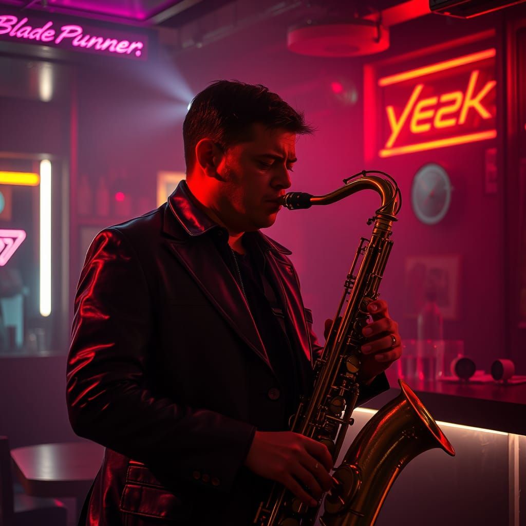 Saxophone Player in Neon Cyberpunk Bar