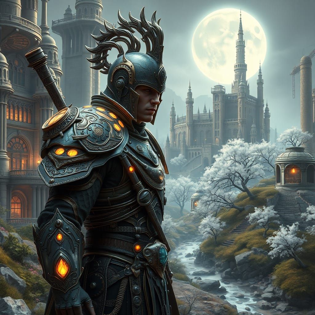 Steampunk Paladin in Futuristic Fantasy Landscape