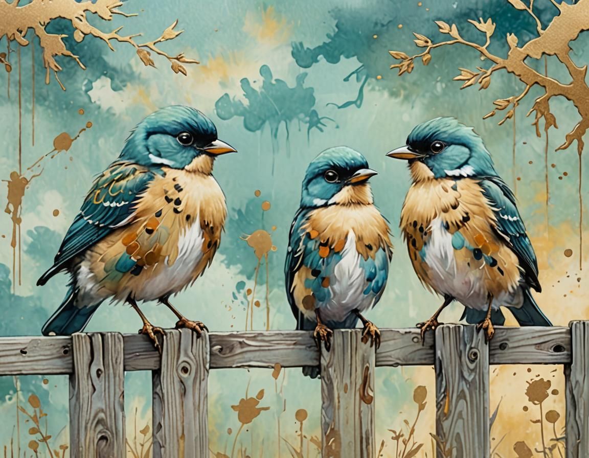 Whimsical Birds on Fence Post in Neo-Impressionist Style
