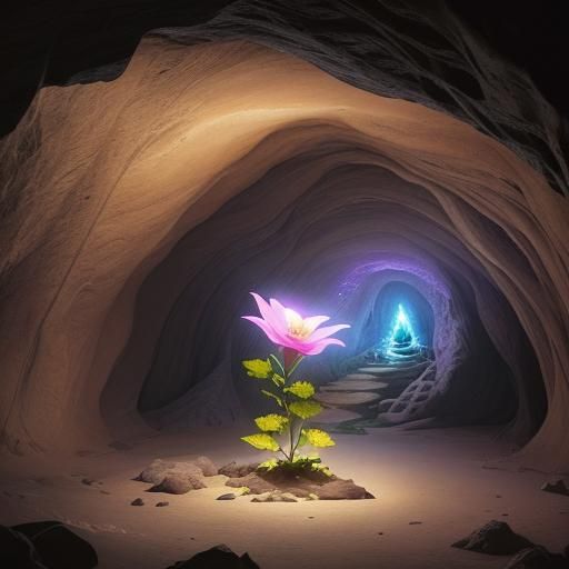 Glowing Flower in Cave, Photorealistic Masterpiece