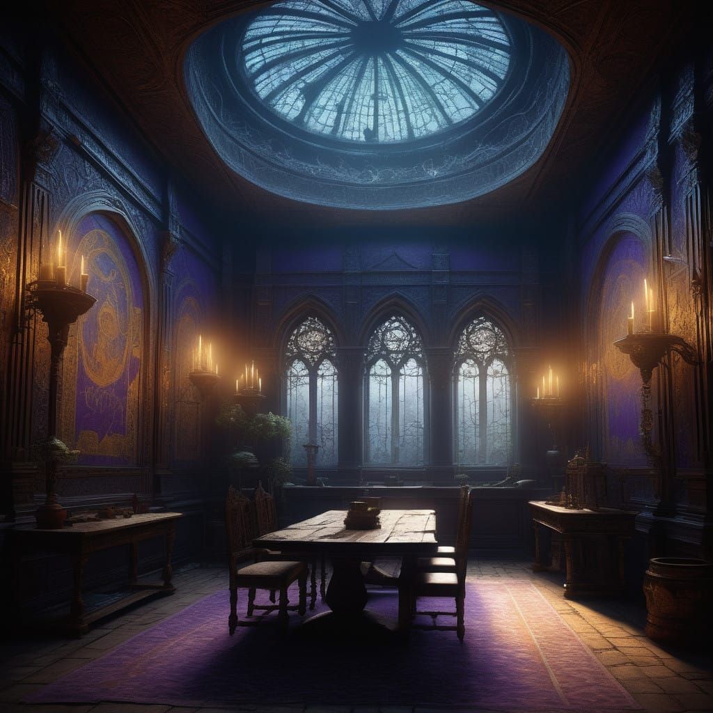 Mysterious Dark Entrance Hall with Tattered Tapestries and A...