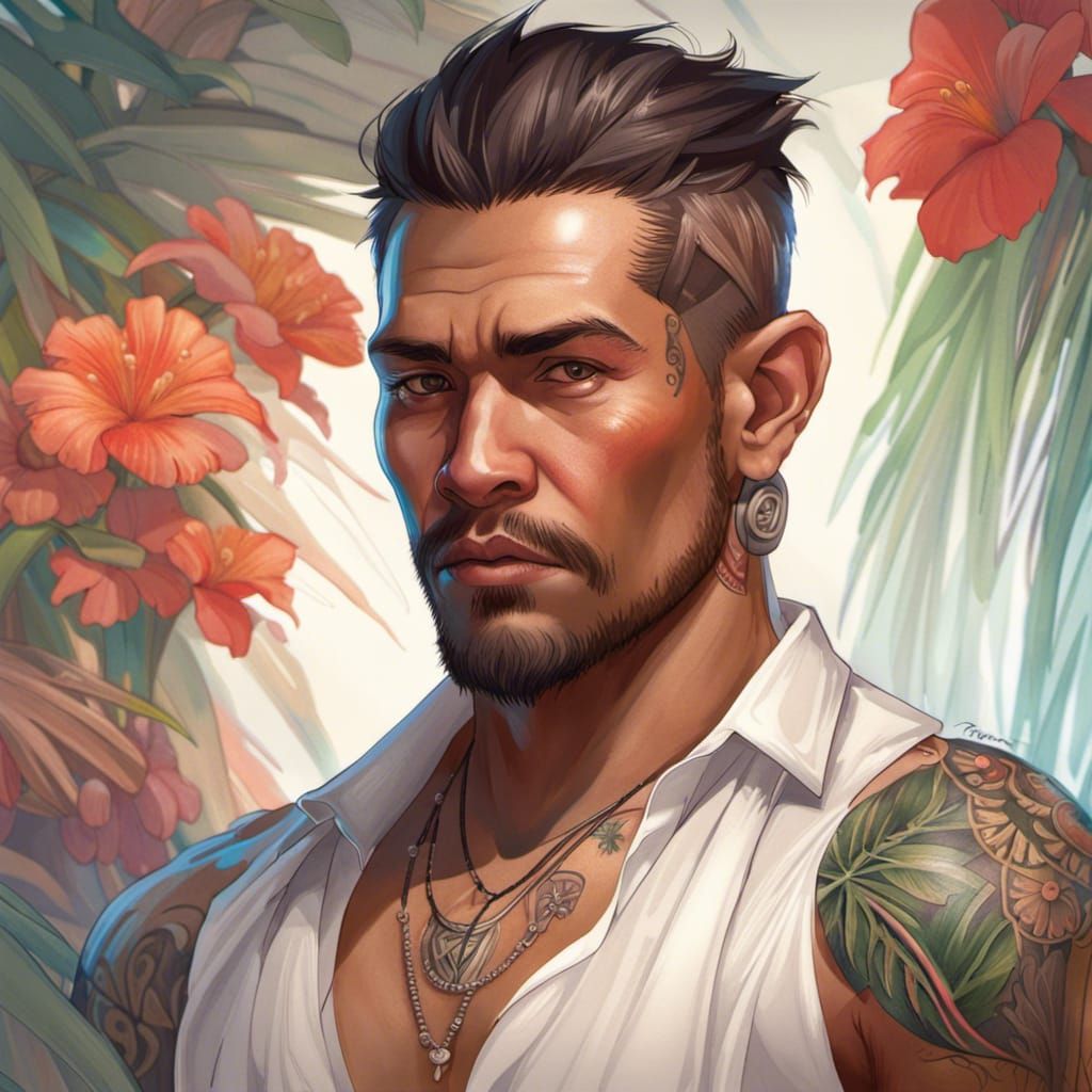 Filipino Man with Polynesian Tattoo, Detailed Portrait