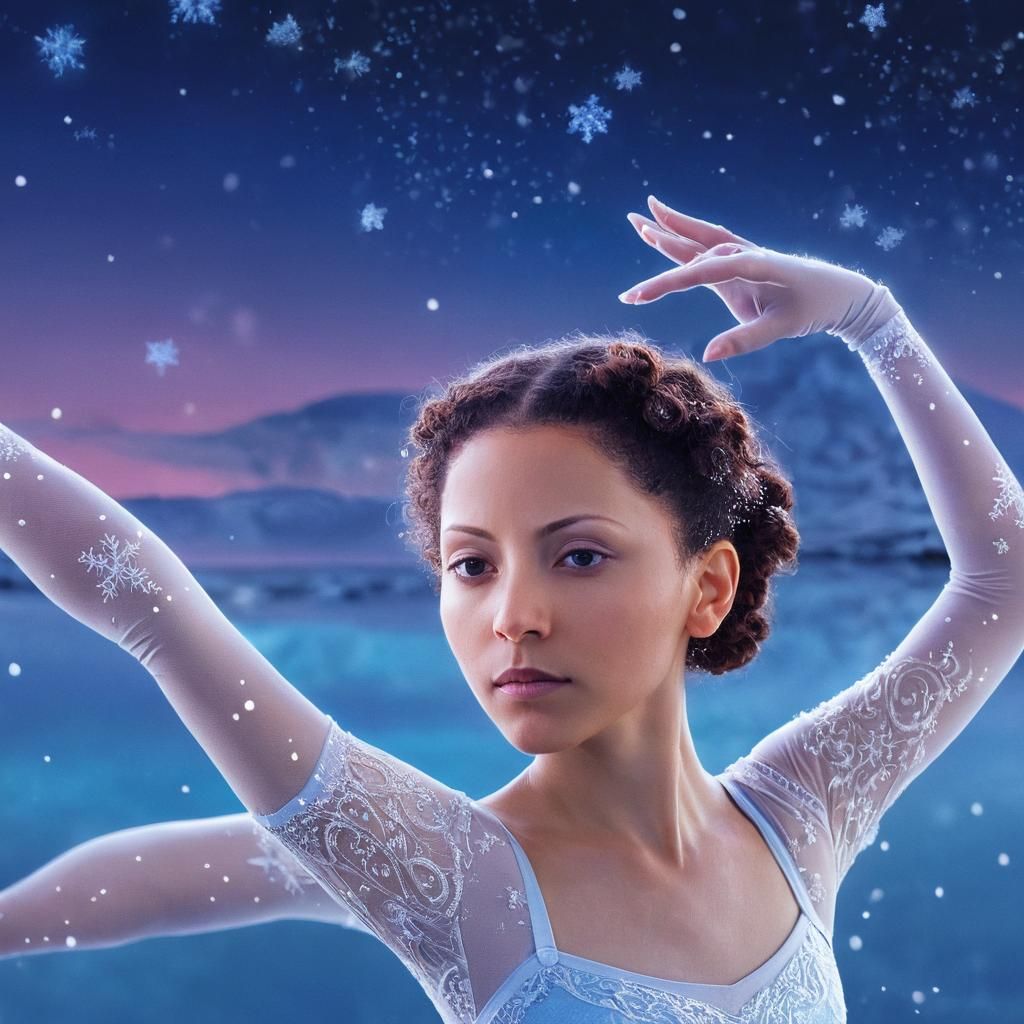 Ballet Dancer on Frozen Lake at Twilight in Anime Style