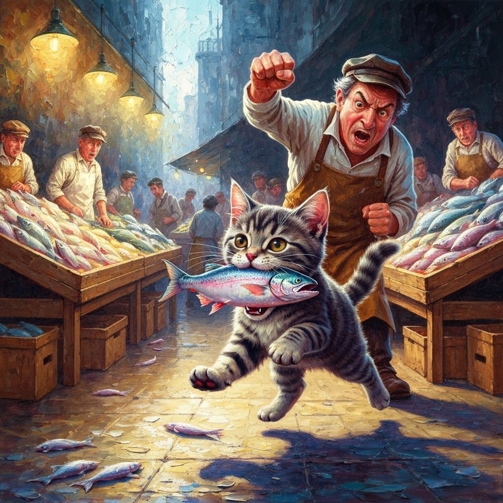 Kitten Steals Salmon From Market in 1950s Gouache Style