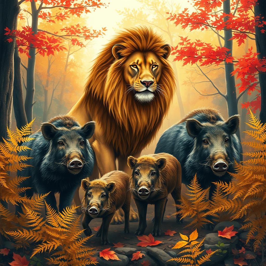 Lion and Boar Family in Autumn Watercolor